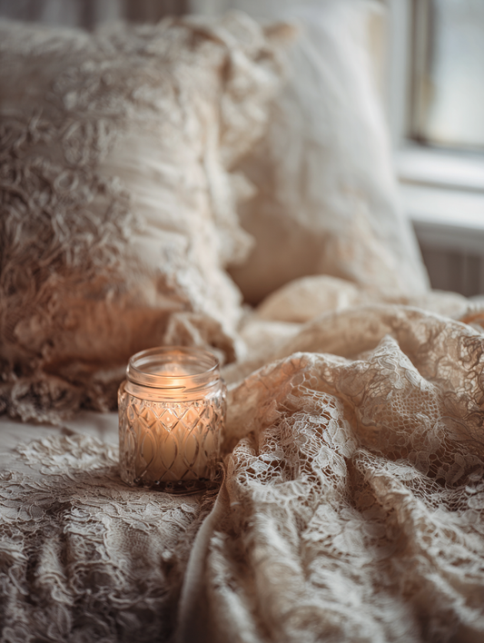 soft lace fabric in a cozy bedroom with candlelight, comfortable lace lifestyle aesthetic