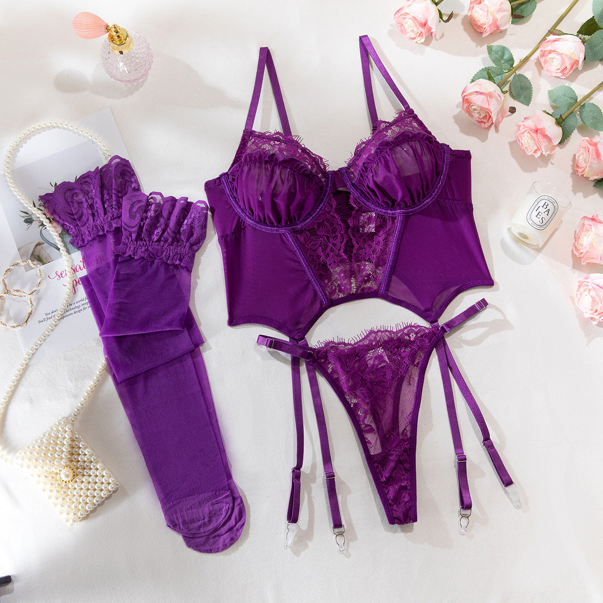 Rose Line – Lace Patch Camisole Set with Stockings [R1082]
