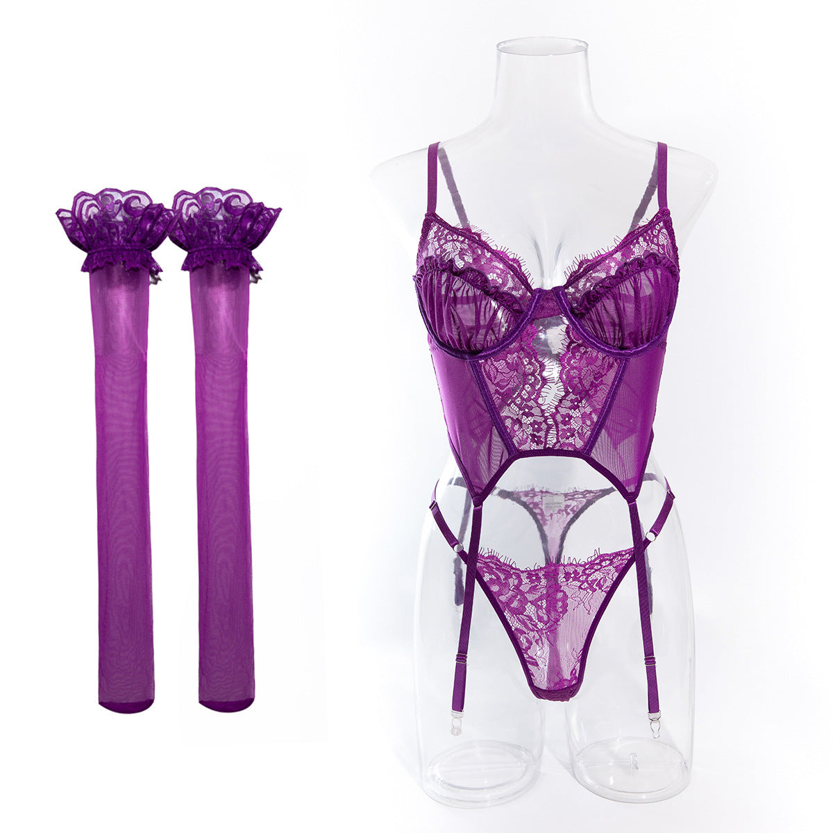Rose Line – Lace Patch Camisole Set with Stockings [R1082]