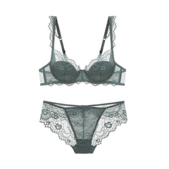 Cotton Lace Comfort – Breathable Gathered Bra Set in Green (Plus Size) [9228]
