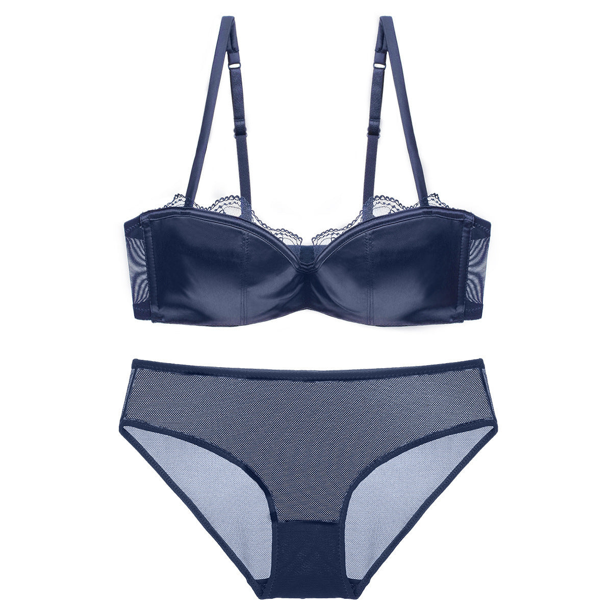 Velvet Dusk – Satin Deep V Lace Bandeau Bra Set [W268]