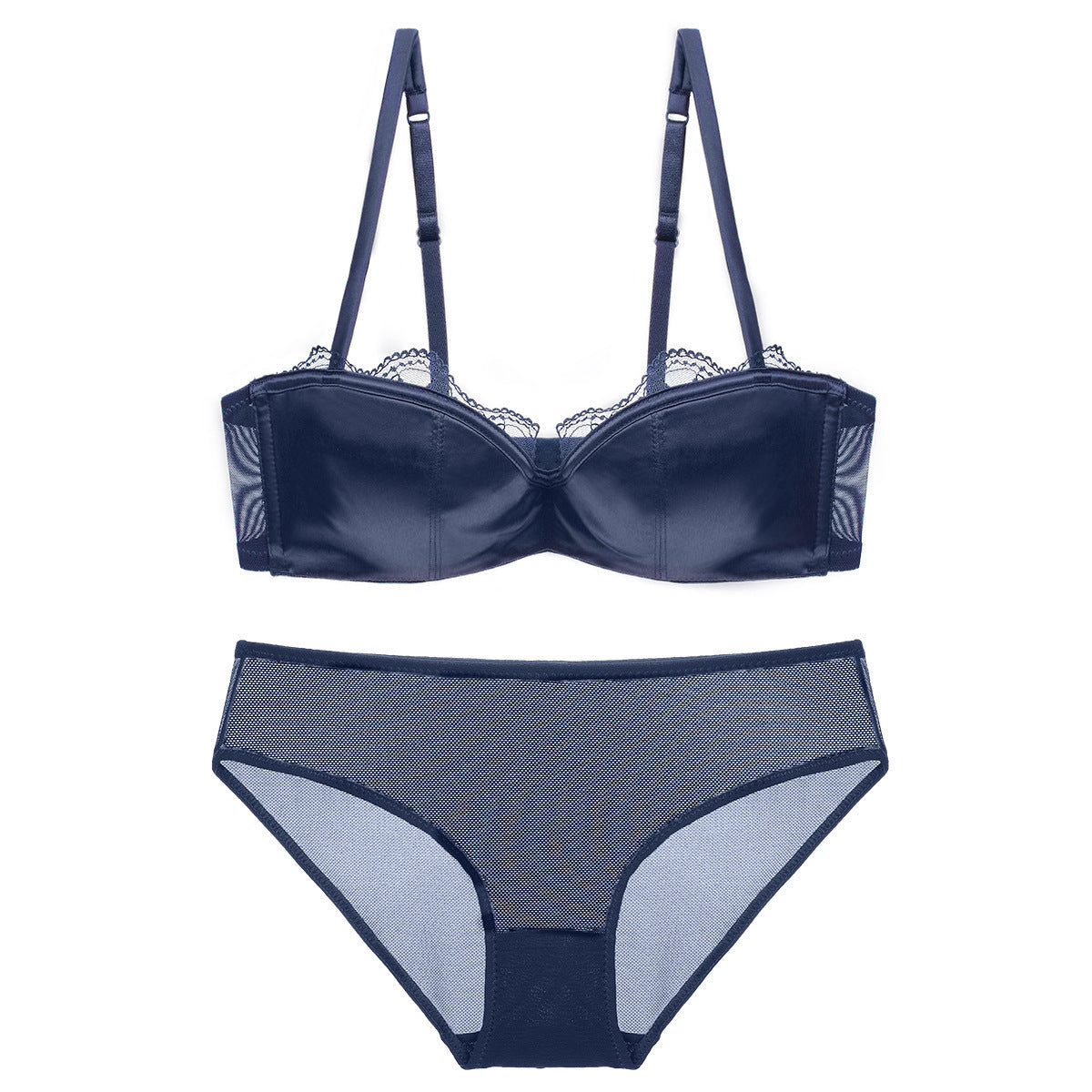 Velvet Dusk – Satin Deep V Lace Bandeau Bra Set [W268]