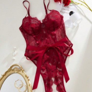 Whisper Lace – Slim Embroidered One-Piece Bodysuit [F6440]