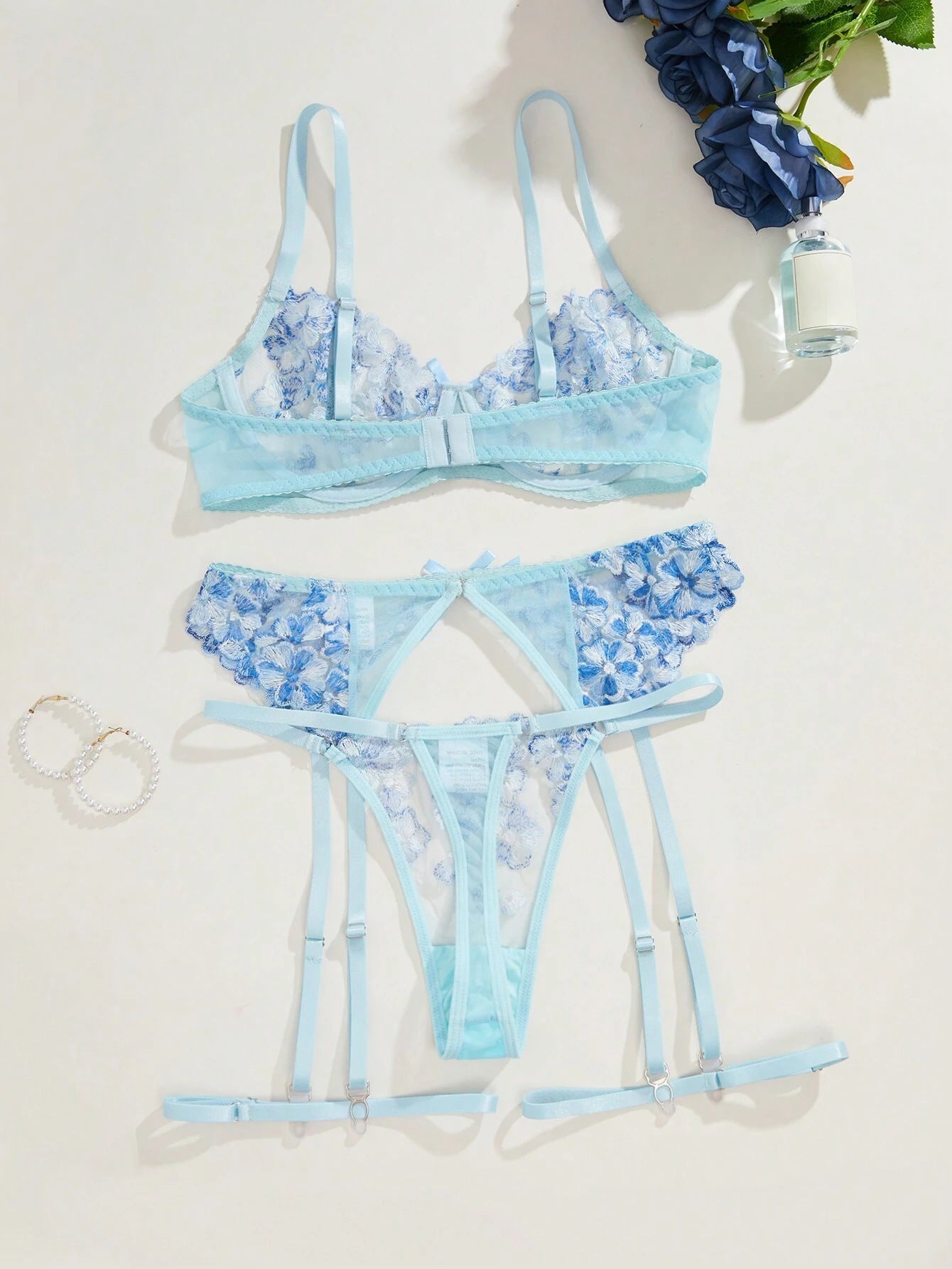 Ethereal Mesh – Embroidered Lace Bra & Garter Set [F9036]