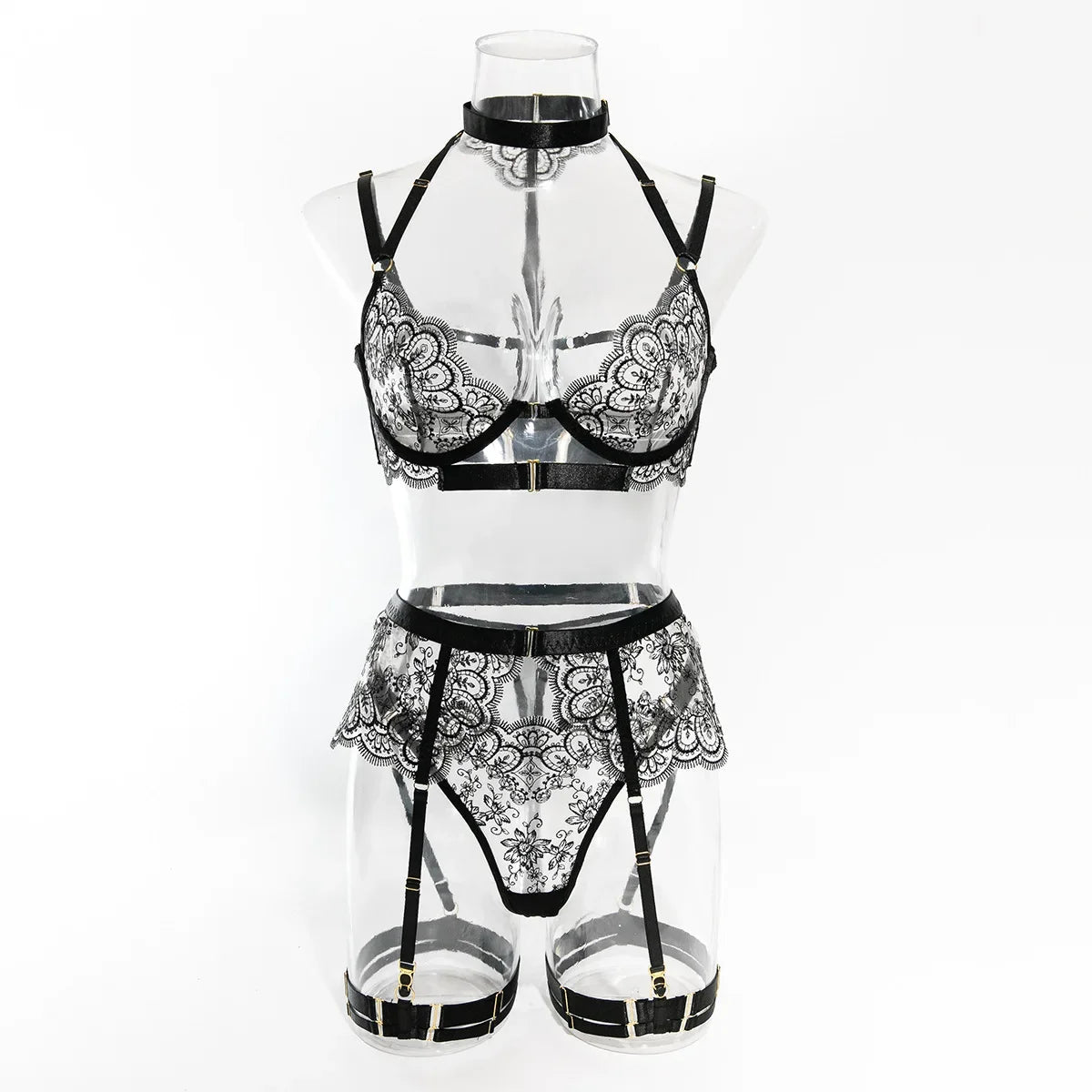Midnight Bond – Buckled Embroidery Five-Piece Lace Set [F6697]