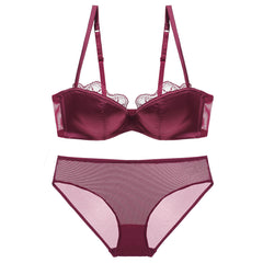 Velvet Dusk – Satin Deep V Lace Bandeau Bra Set [W268]