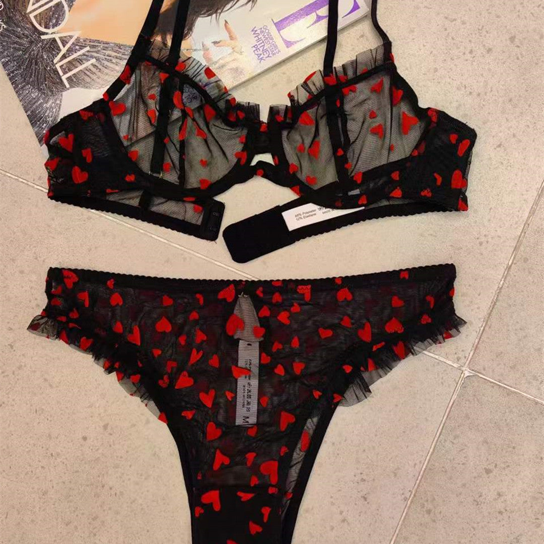 Heartbeat Lace – Ultra-Thin Sheer Heart Print Lingerie Set [9629]