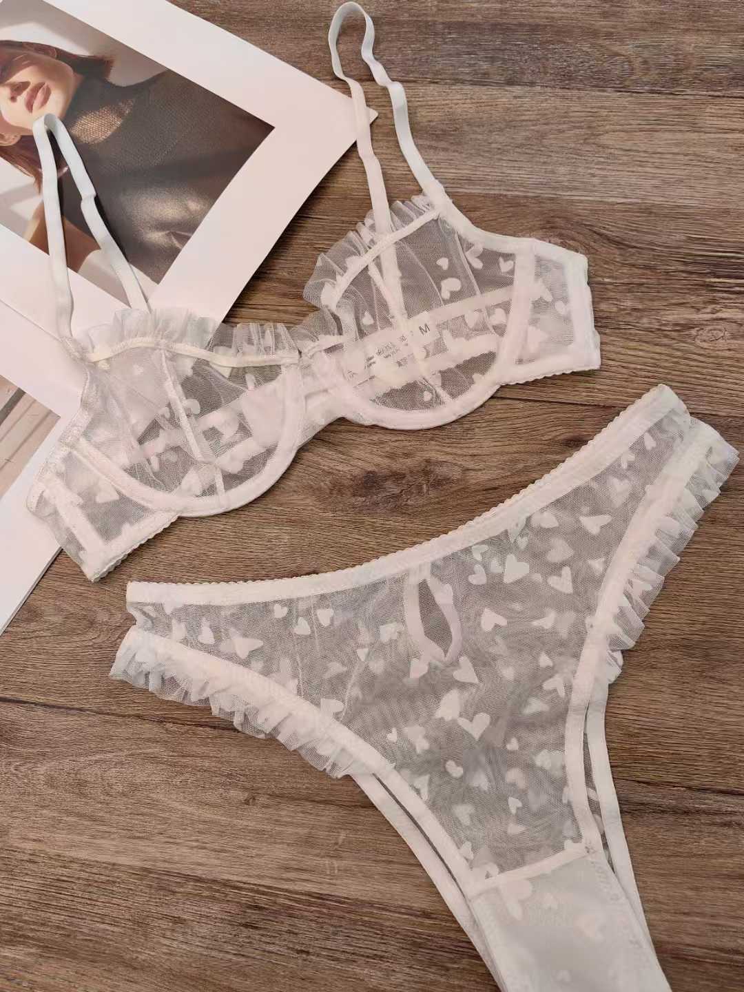 Heartbeat Lace – Ultra-Thin Sheer Heart Print Lingerie Set [9629]