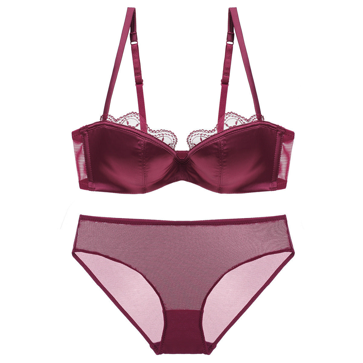 Velvet Dusk – Satin Deep V Lace Bandeau Bra Set [W268]