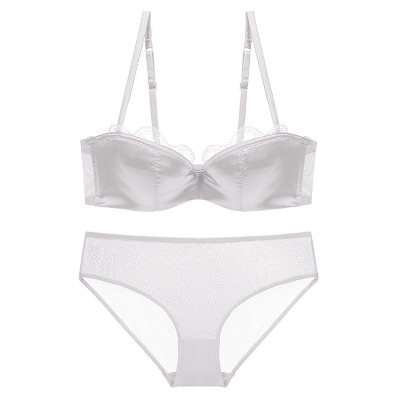 Velvet Dusk – Satin Deep V Lace Bandeau Bra Set [W268]
