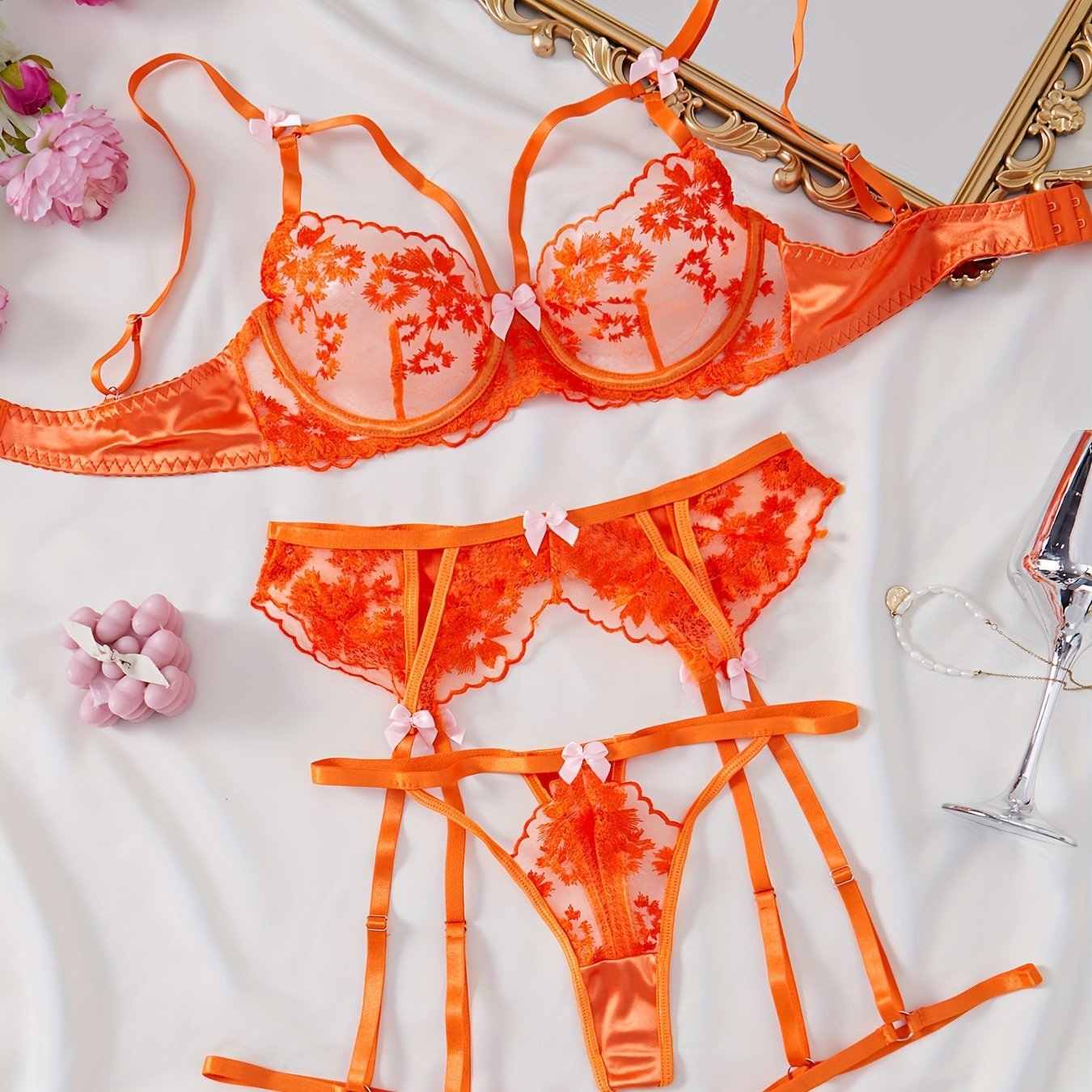 Whispering Lace – Embroidered 4-Piece Bra & Garter Set [5681]