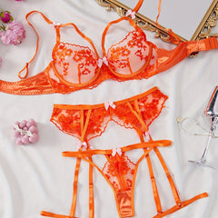 Whispering Lace – Embroidered 4-Piece Bra & Garter Set [5681]