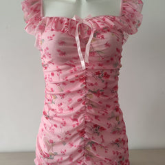 Petal Mist – Printed Mesh Pleated Sleep Dress [W7001]