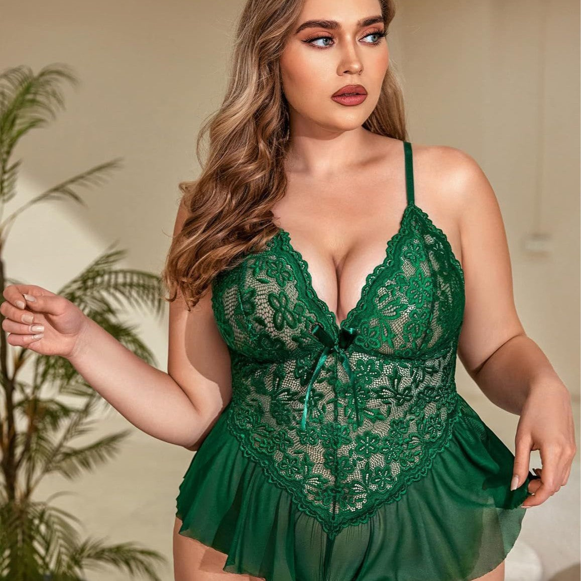 Emerald Allure – Lace Deep V Plus Size Nightdress [9958]