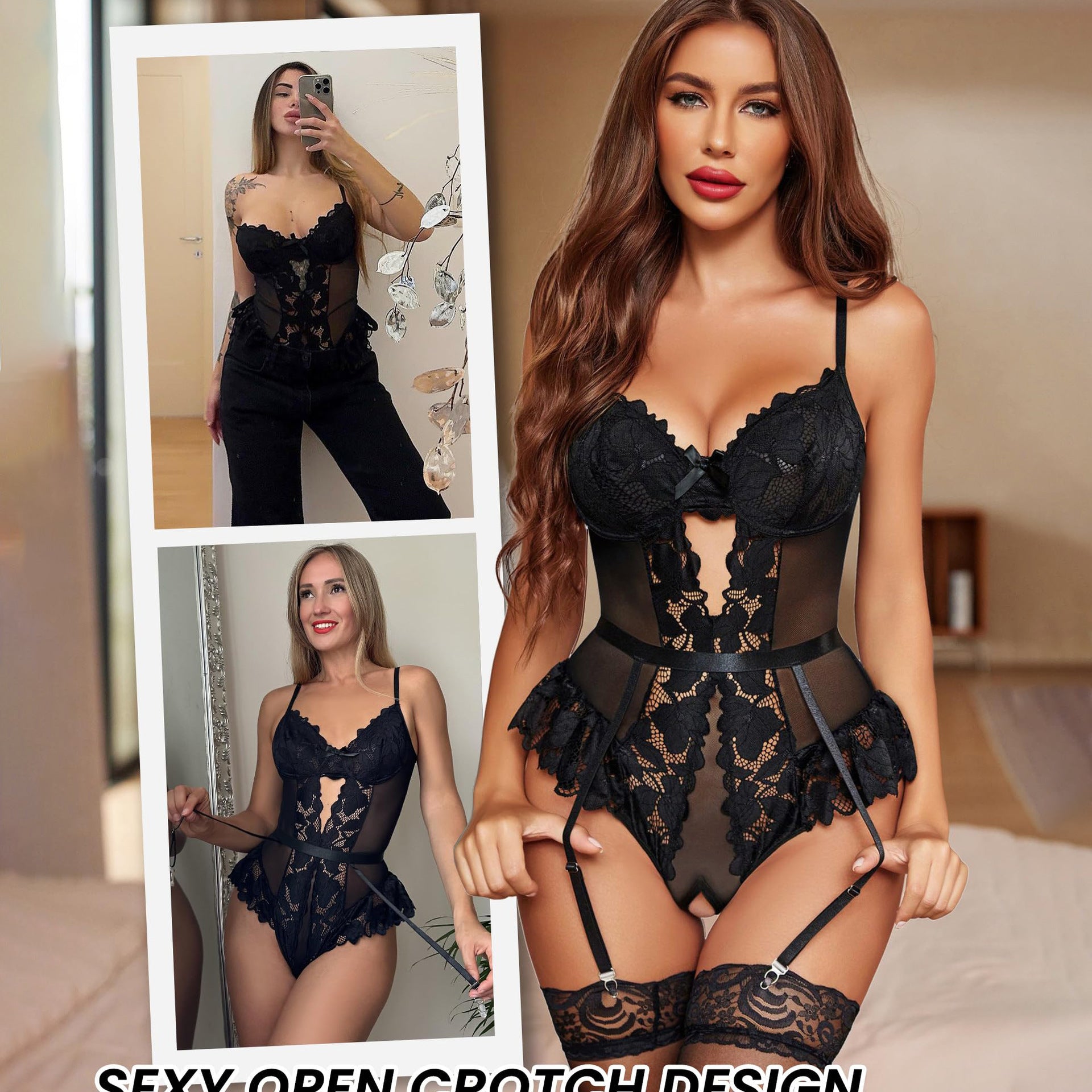 Midnight Heat – Lace Splice Backless Teddy Onesie [DF115]
