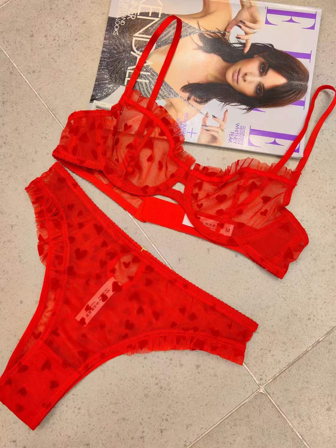 Heartbeat Lace – Ultra-Thin Sheer Heart Print Lingerie Set [9629]