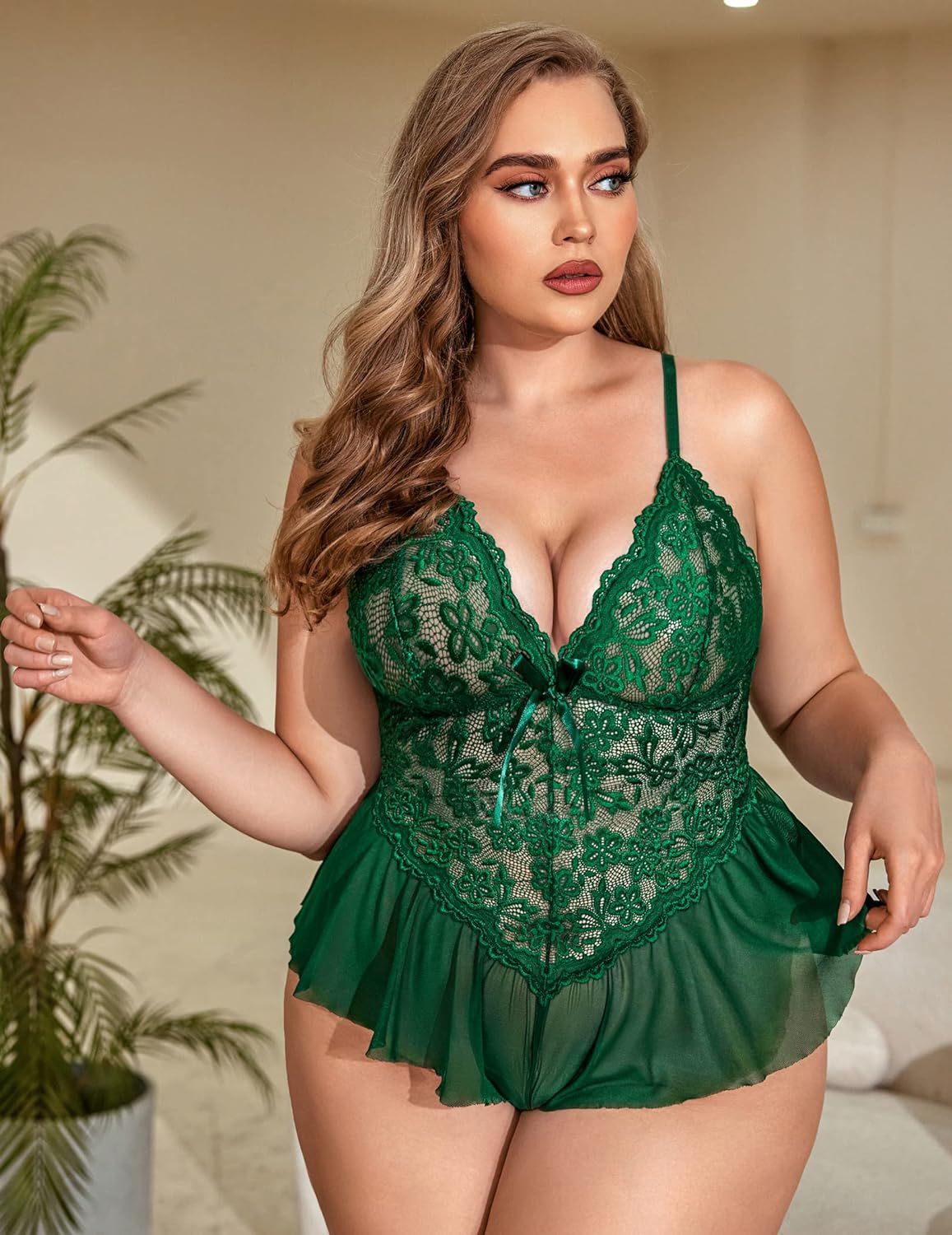 Emerald Allure – Lace Deep V Plus Size Nightdress [9958]
