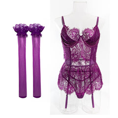 Eyelash Whisper – Sheer Lace Three-Piece Lingerie Set [R1124]