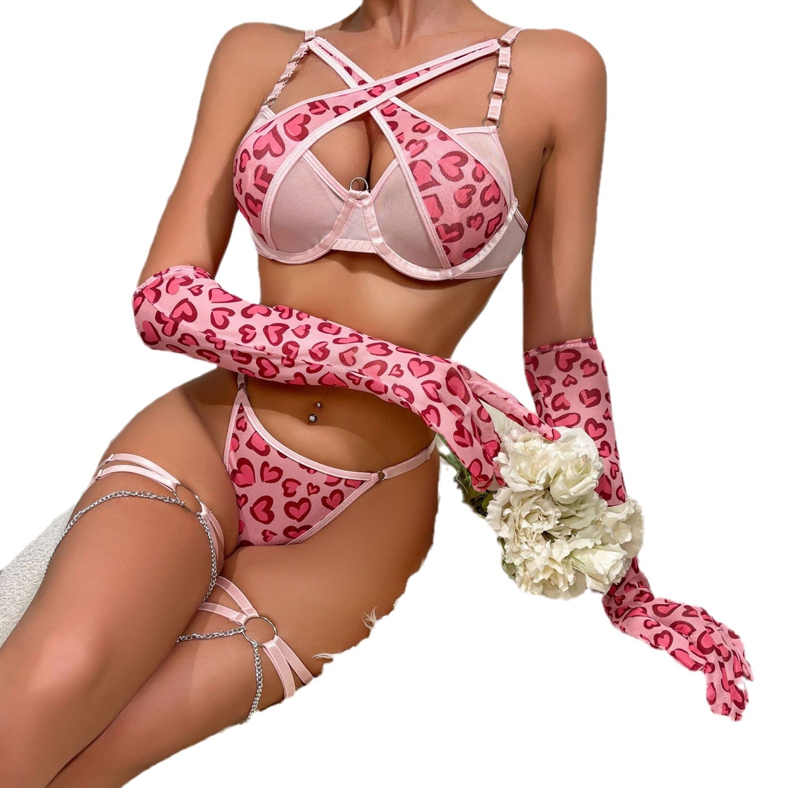 Feline Valentine – Pink Leopard Lace Set with Gloves & Chains [R1027]