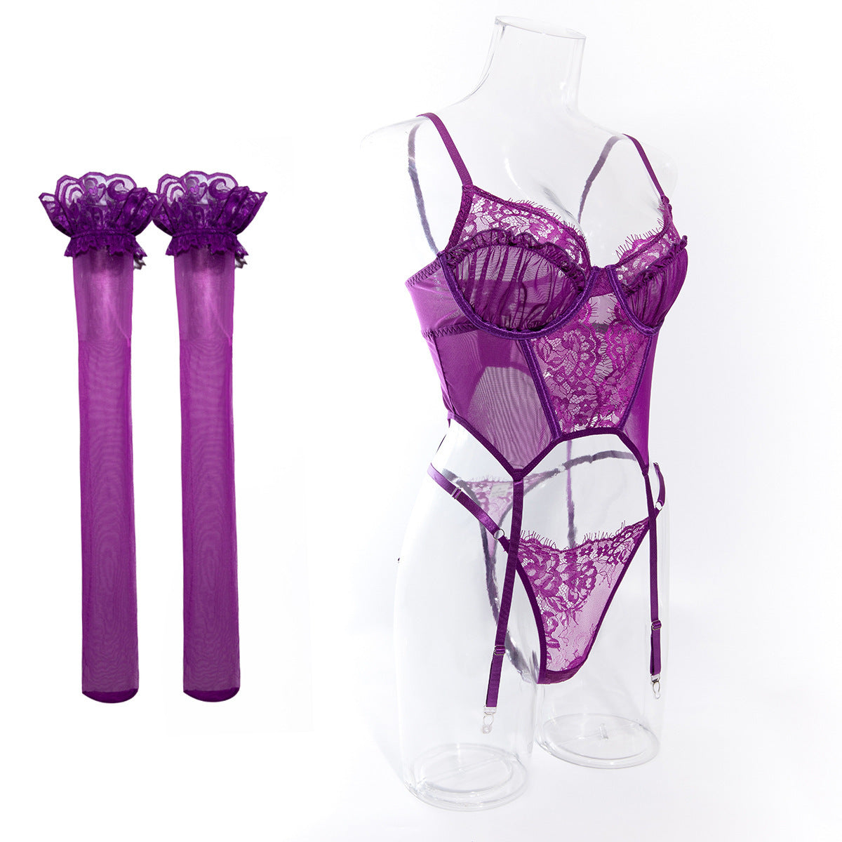 Rose Line – Lace Patch Camisole Set with Stockings [R1082]