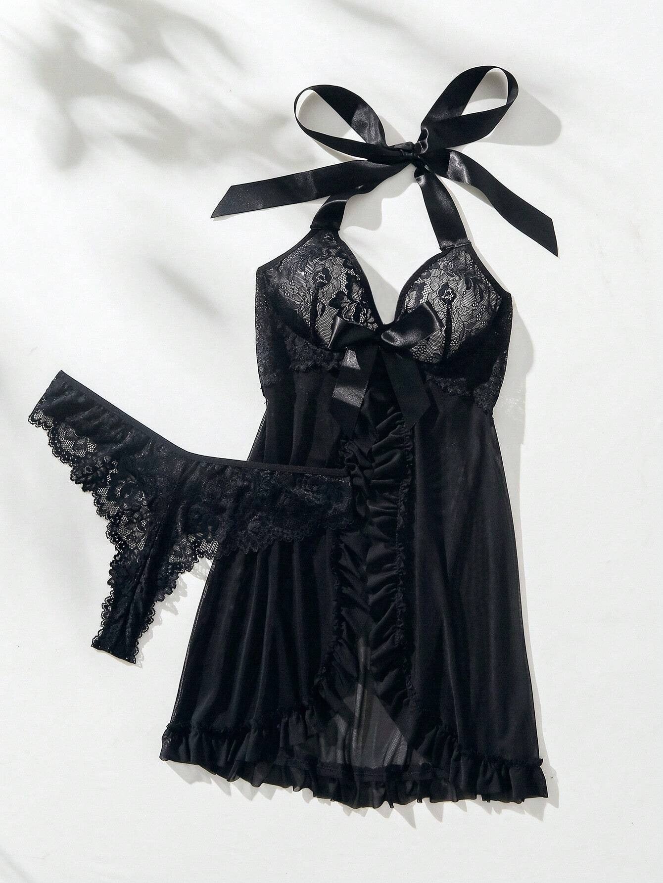 Moonlight Veil – Halter Lace Nightdress [F6326]